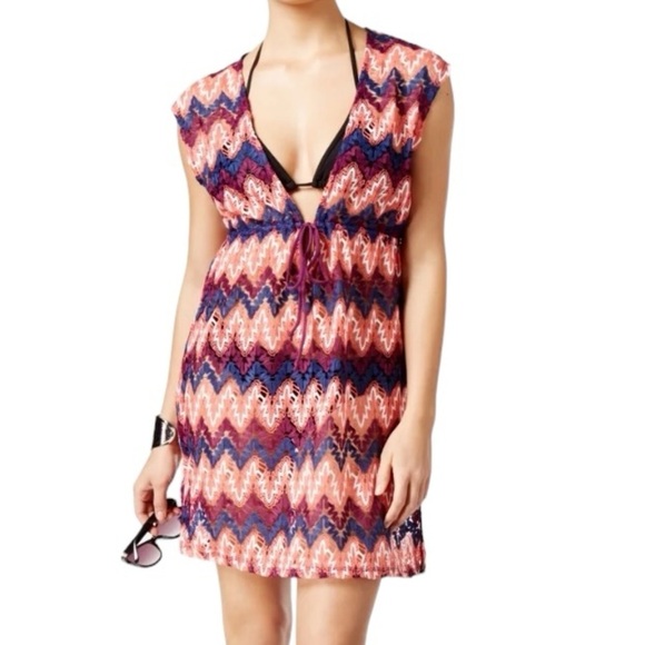 Miken Other - Miken Swim Cover Up Dress Women’s Size M Chevron Crochet Open Knit Drawstring